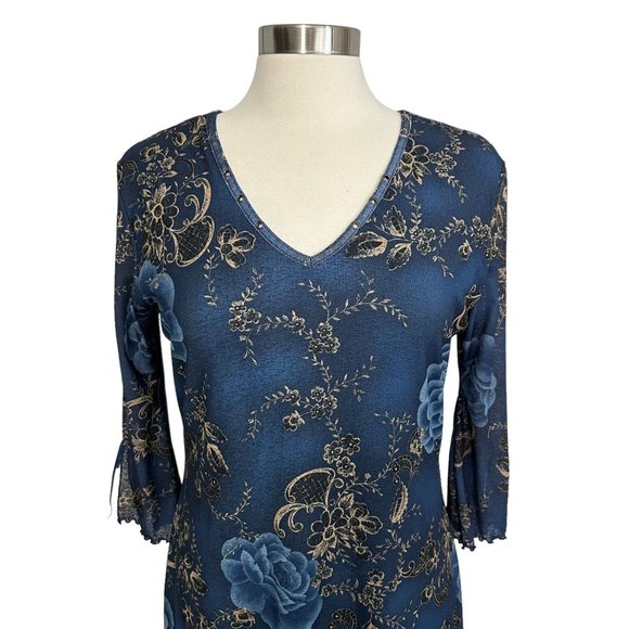 Vintage Y2K 90s Expressions MEDIUM Blue Floral Lettuce Hem V-Neck Midi Dress - Picture 3 of 11